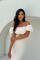 Sheila – Women’s Beige Midi Dress with Puff Sleeves ‘Soleila Beige’